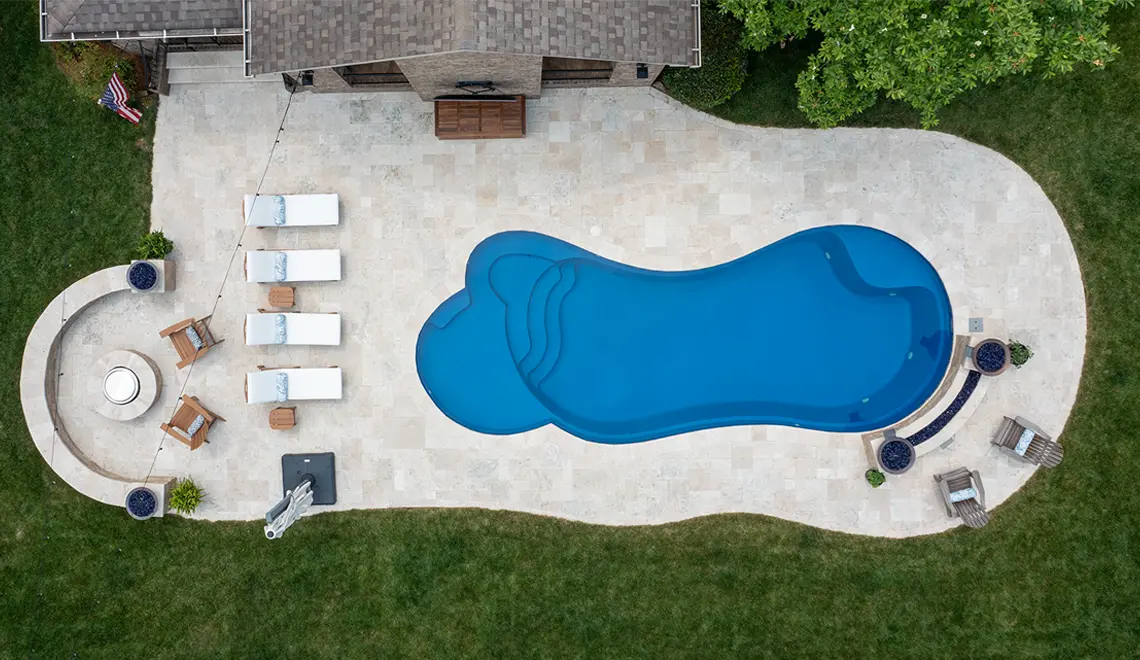 Leisure Pools Eclipse Fiberglass Best Swimming Pool Freeform shape overhead view.