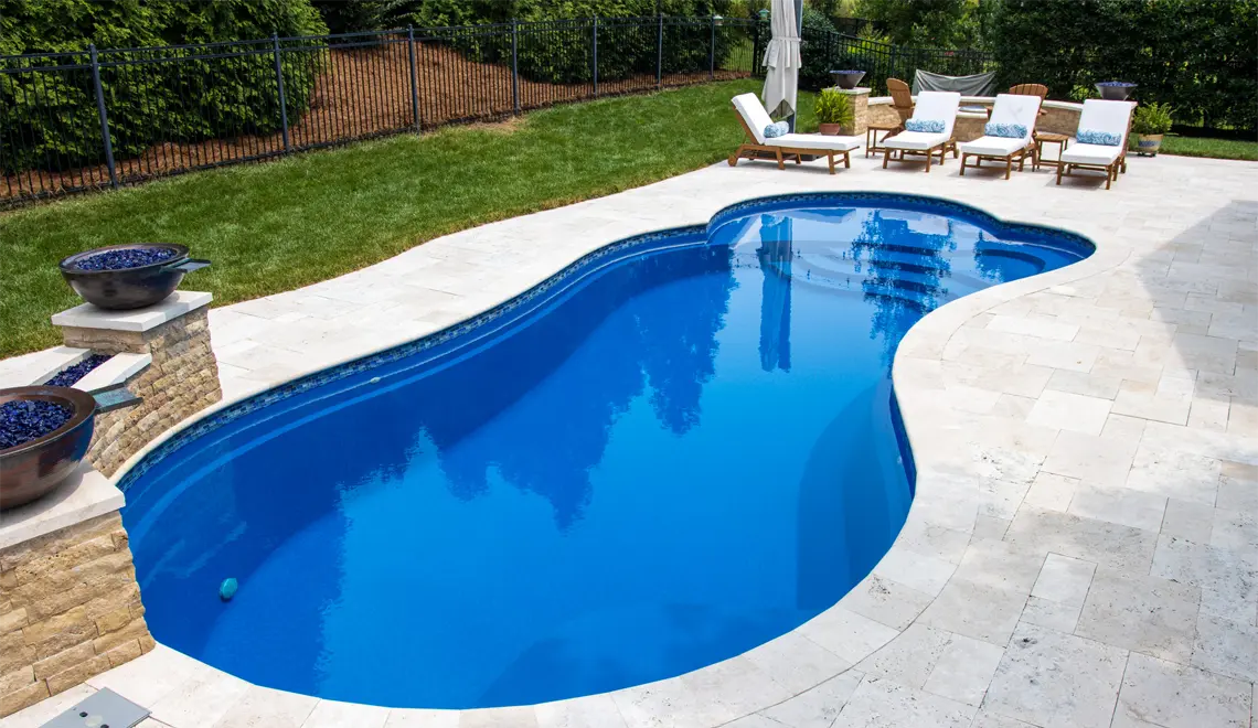 Leisure Pools Eclipse Fiberglass Best Swimming Pool Freeform shape stunning view.