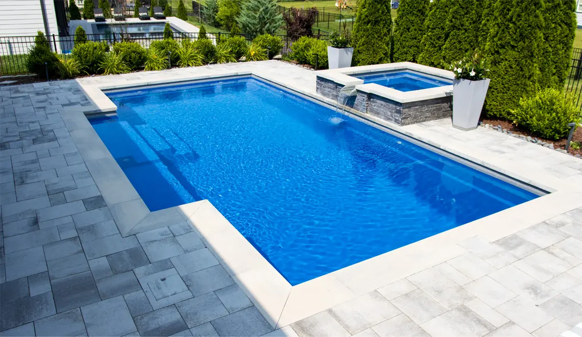 Leisure Pools Elegance Fiberglass Best Swimming Pool rectangular shape stunning design.