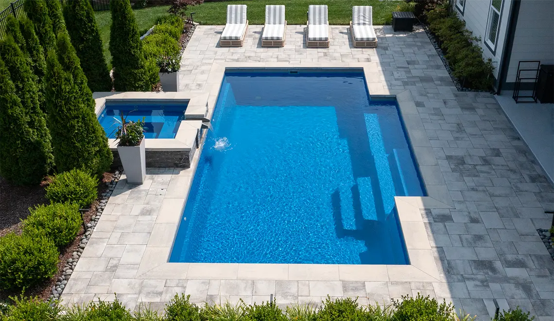Leisure Pools Elegance Fiberglass Best Swimming Pool rectangular shape overhead view.