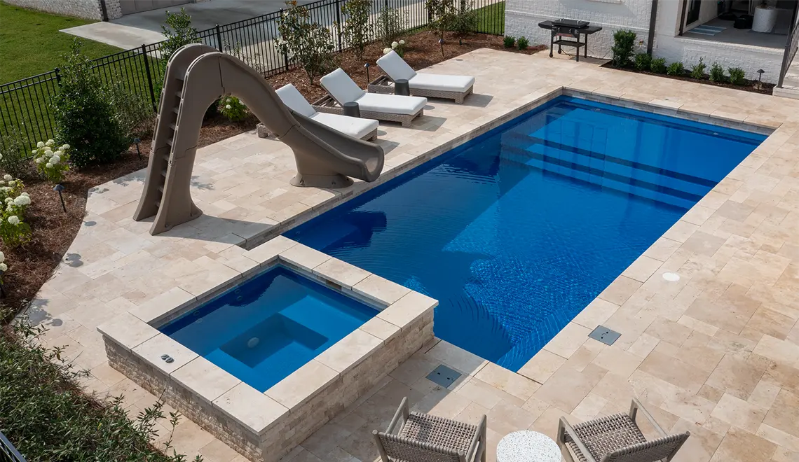 Leisure Pools Pinnacle Fiberglass Best Swimming Pool overhead rectangular shape.